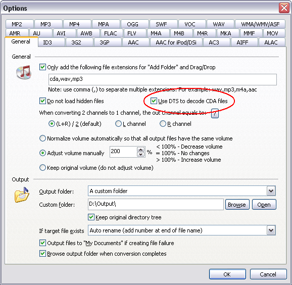 And then, switch to tab "General", check option "Use DTS to decode CDA files". Convert